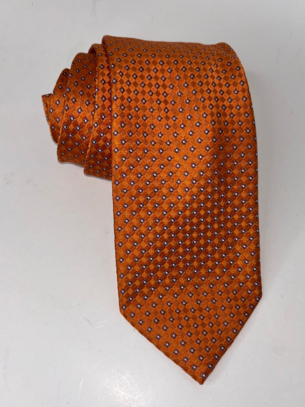 Barneys New York Silk Tie Orange Geometric Hand Made in Italy Preppy Old Money